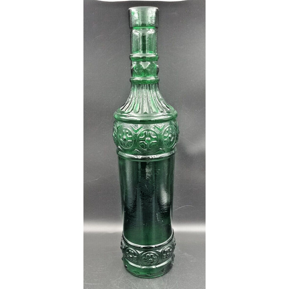 Very Pretty Emerald Green Glass Bottle With‎ Designs Around Sides 12" tall - Picture 1 of 5
